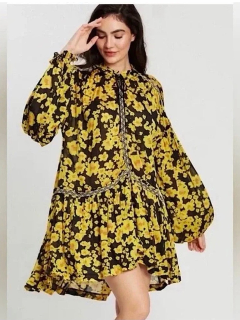 Yellow Floral Long-Sleeve Swing Dress